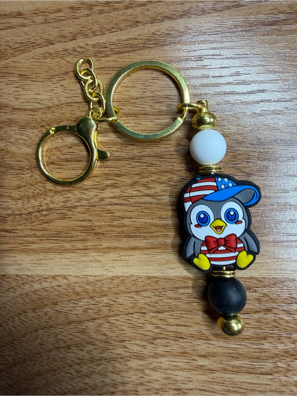 Patriotic Penguin Bead Keychain - Gold Hardware
